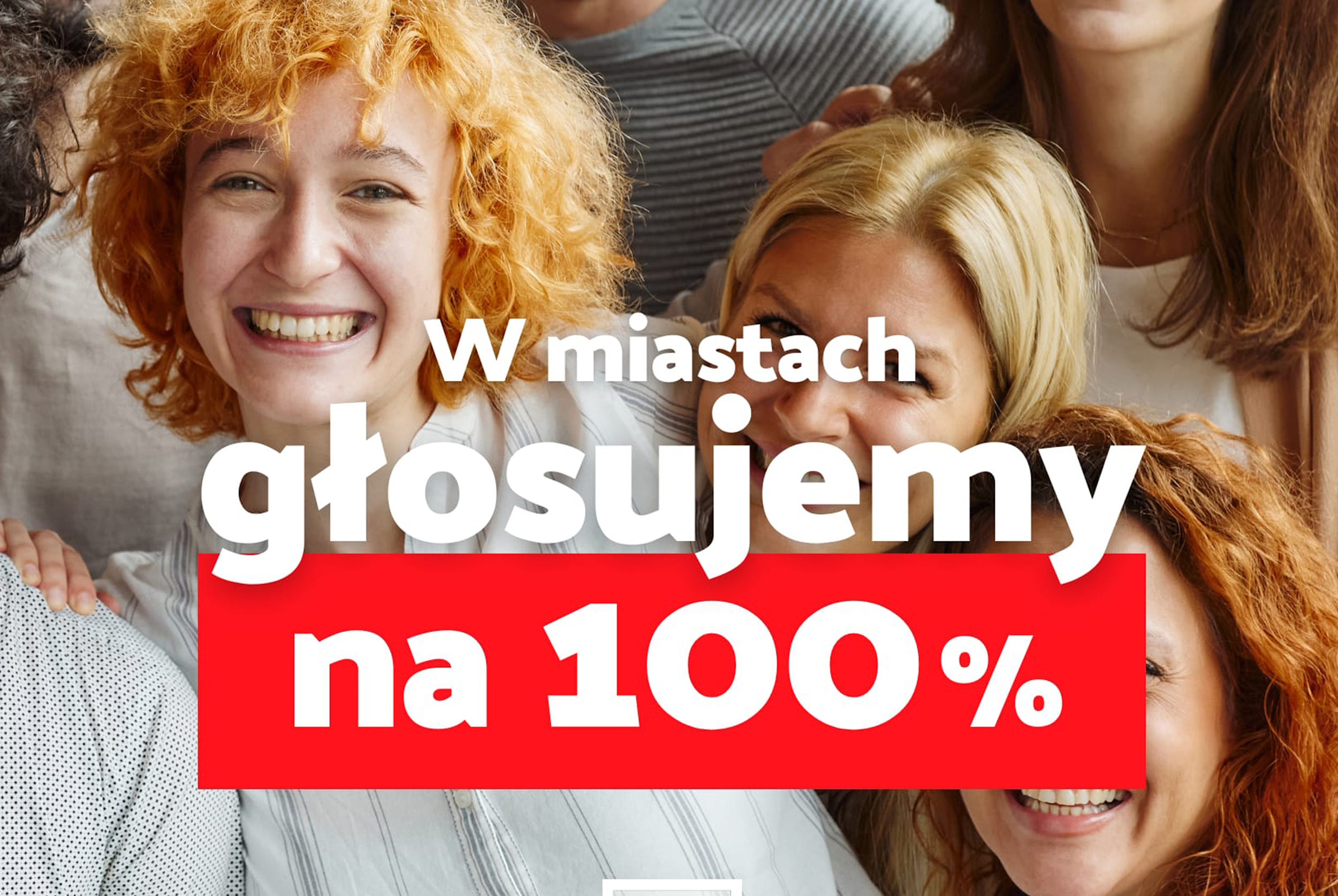 Zdjęcie grupowe ludzi z napisem w miastach głosujemy na 100 procent