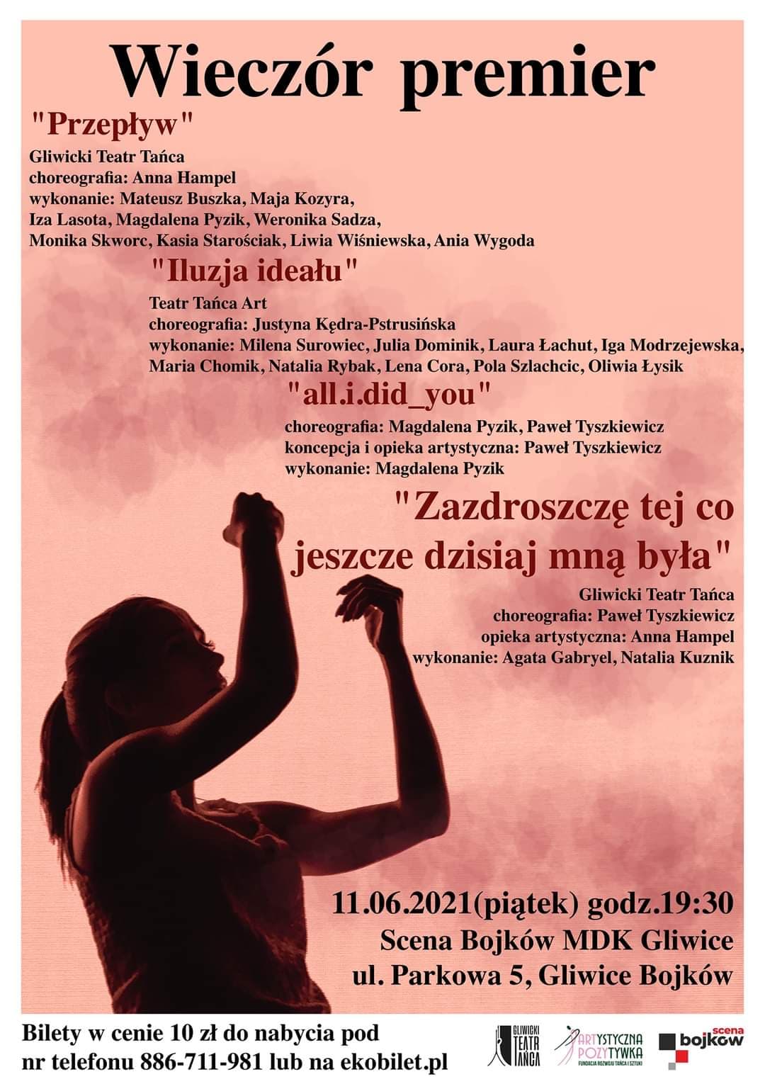 zdjęcie tancerki, wymienie tytułów spektakli i osób w nich występujących oraz choreografów