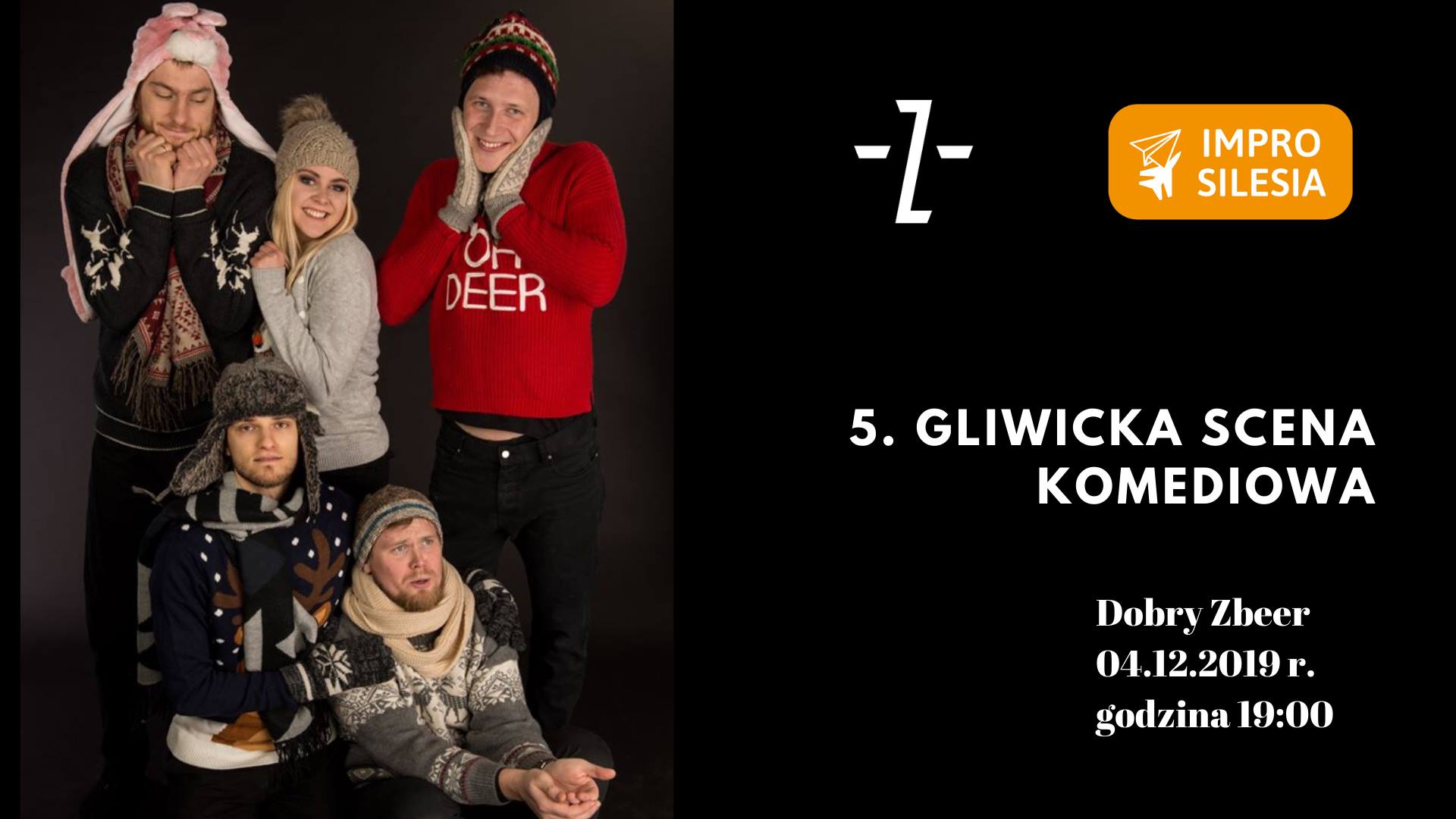Zdjęcie improwizatorów z teatru przebranych w świąteczne swetry oraz czapki.