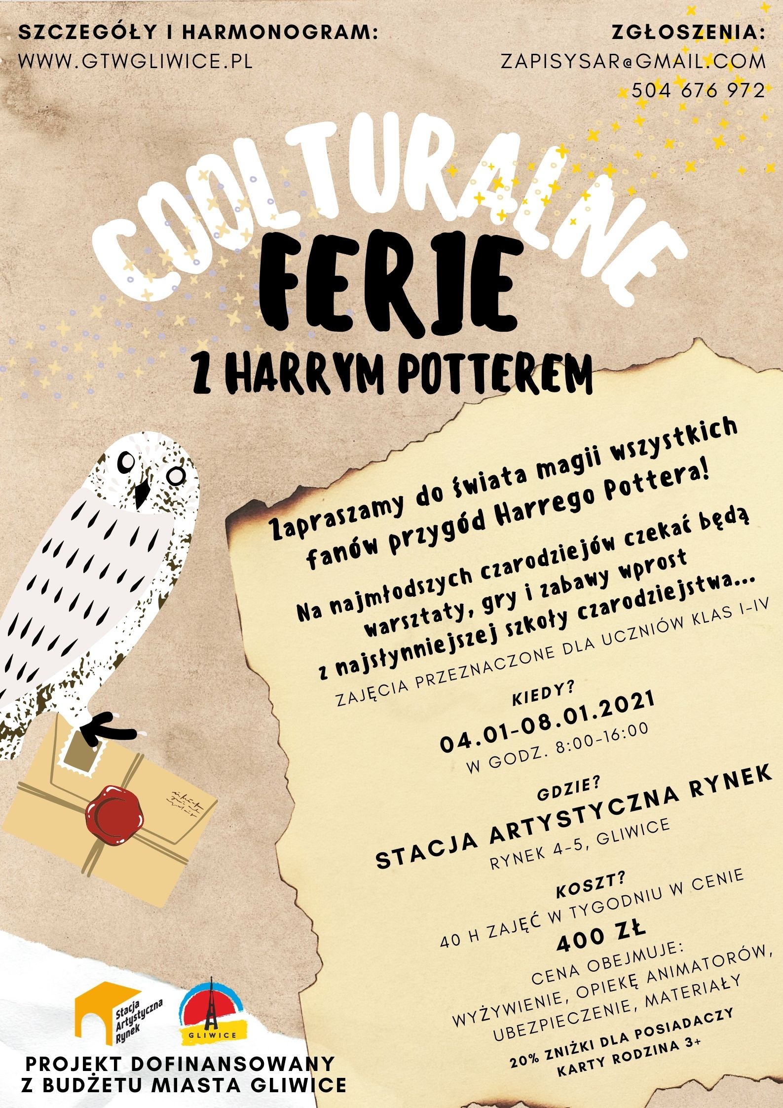 Plakat zapowiadający Coolturalne Ferie z Harrym Potterem