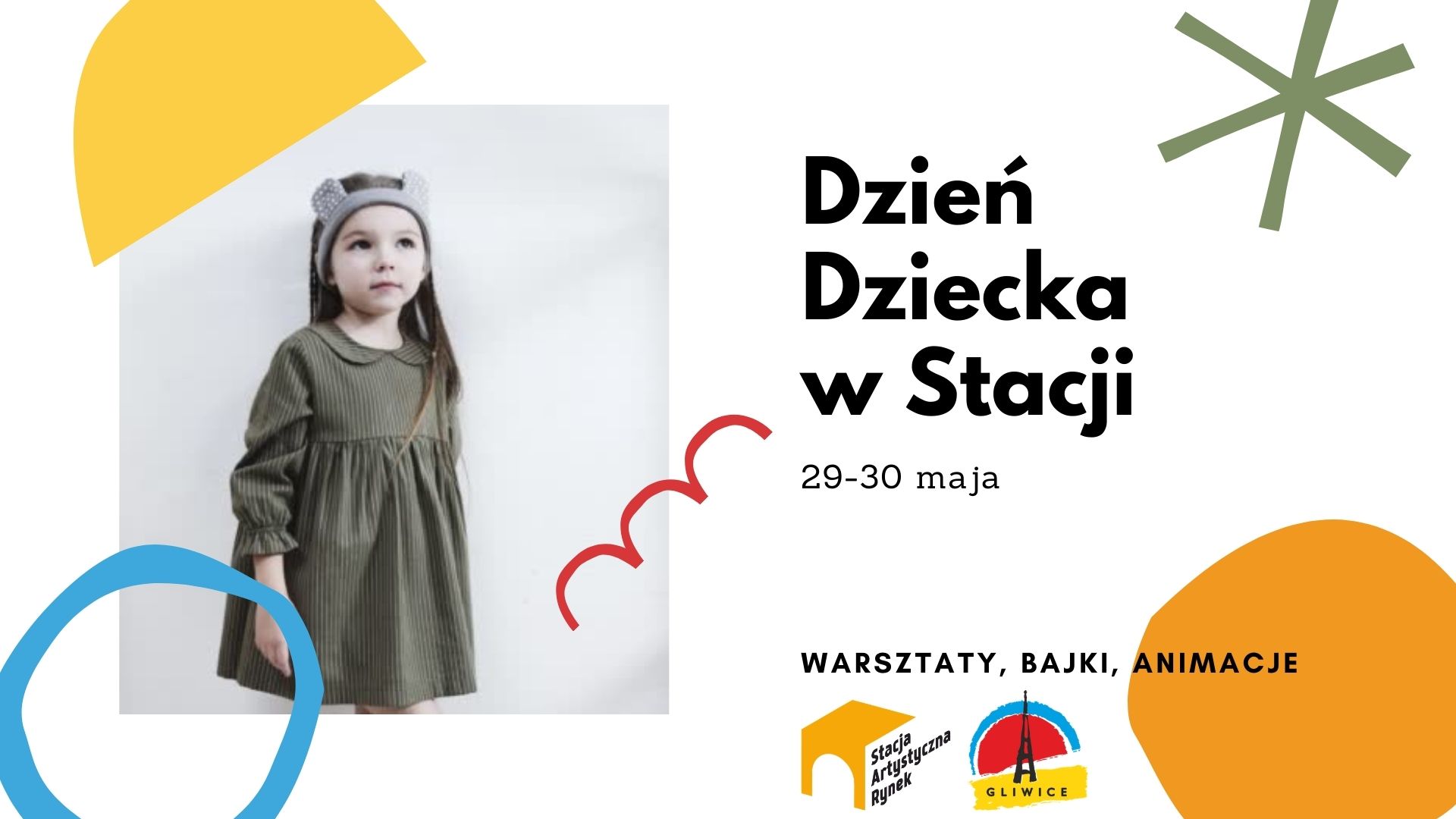 Grafika zapowiadająca Dzień Dziecka w Stacji, na zdjęciu dziecko
