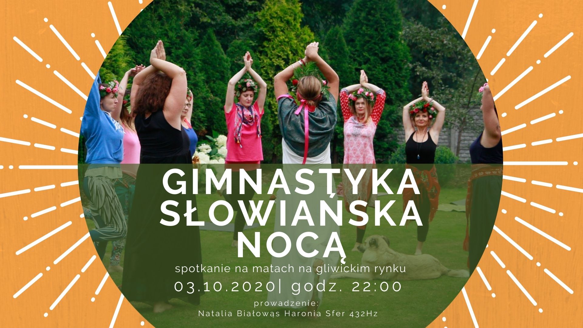 Grafika przedstawiająca kobiety stojące w kręgu i wykonujące gimnastykę słowiańską