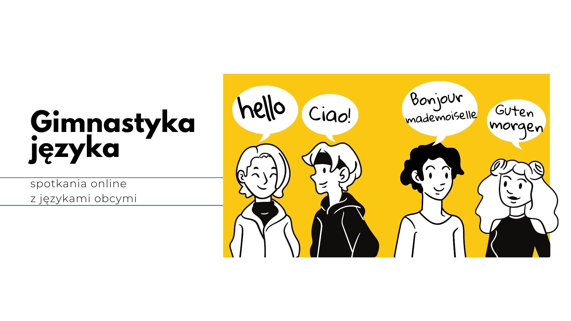 Grafika z rysunkowymi postaciami witającymi się w różnych językach, obok napis: gimnastyka języka