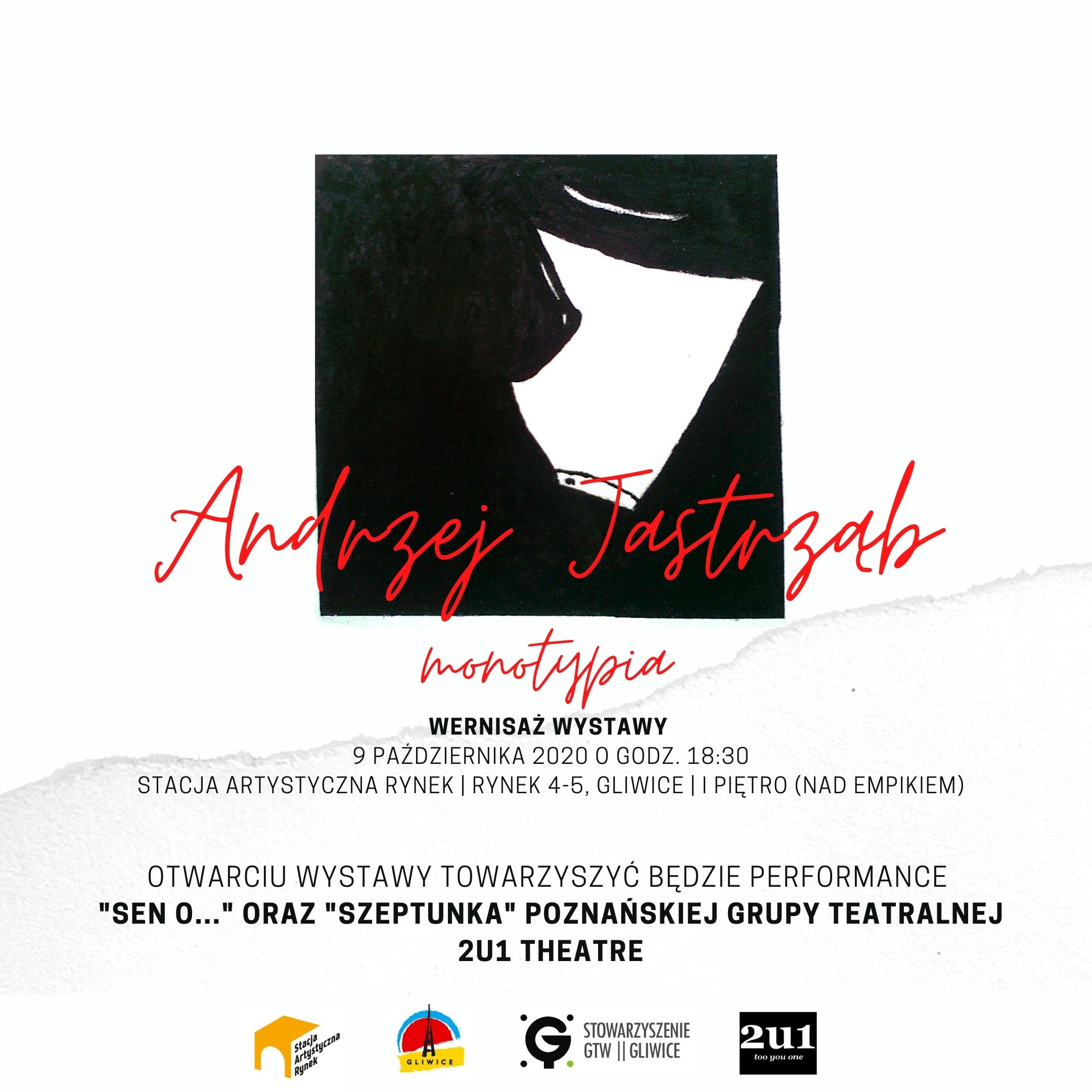 Plakat z grafiką Andrzej Jastrzębia, podpis "Andrzej Jastrząb, Monotypia"