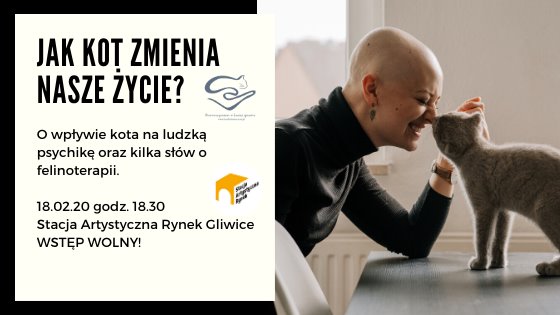Baner zapowiadający spotkanie z kocią behawiorystką, przedstawia kobietę wraz z kotem