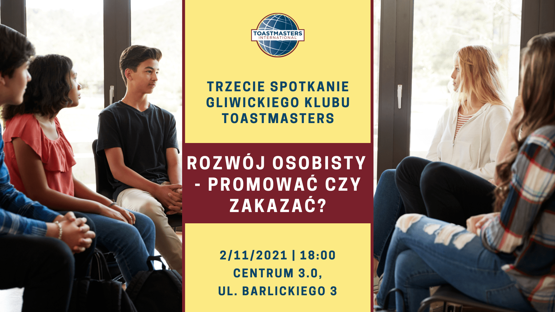 Grafika promująca wydarzenie "Rozwój osobisty - promować czy zakazać? TOASTMASTERS GLIWICE"