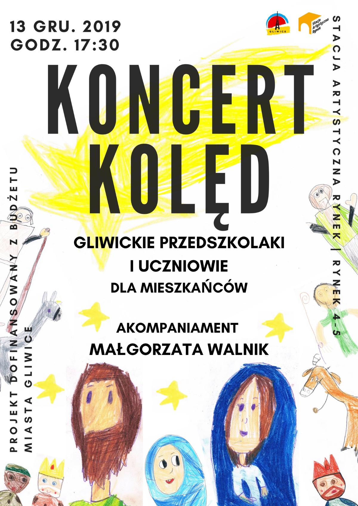 plakat informujący o koncercie kolęd, rysunkowe postacie świętych stworzyły dzieci z przedszkola