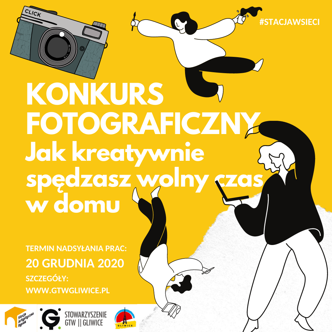Monochromatyczna grafika na żółtym tle informująca o konkursie fotograficznym