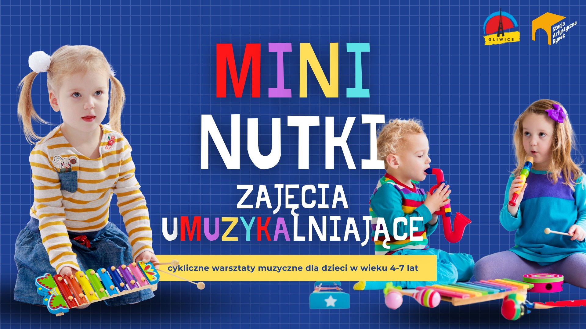 Niebieska grafika z dziećmi, napis "MINI NUTKI"