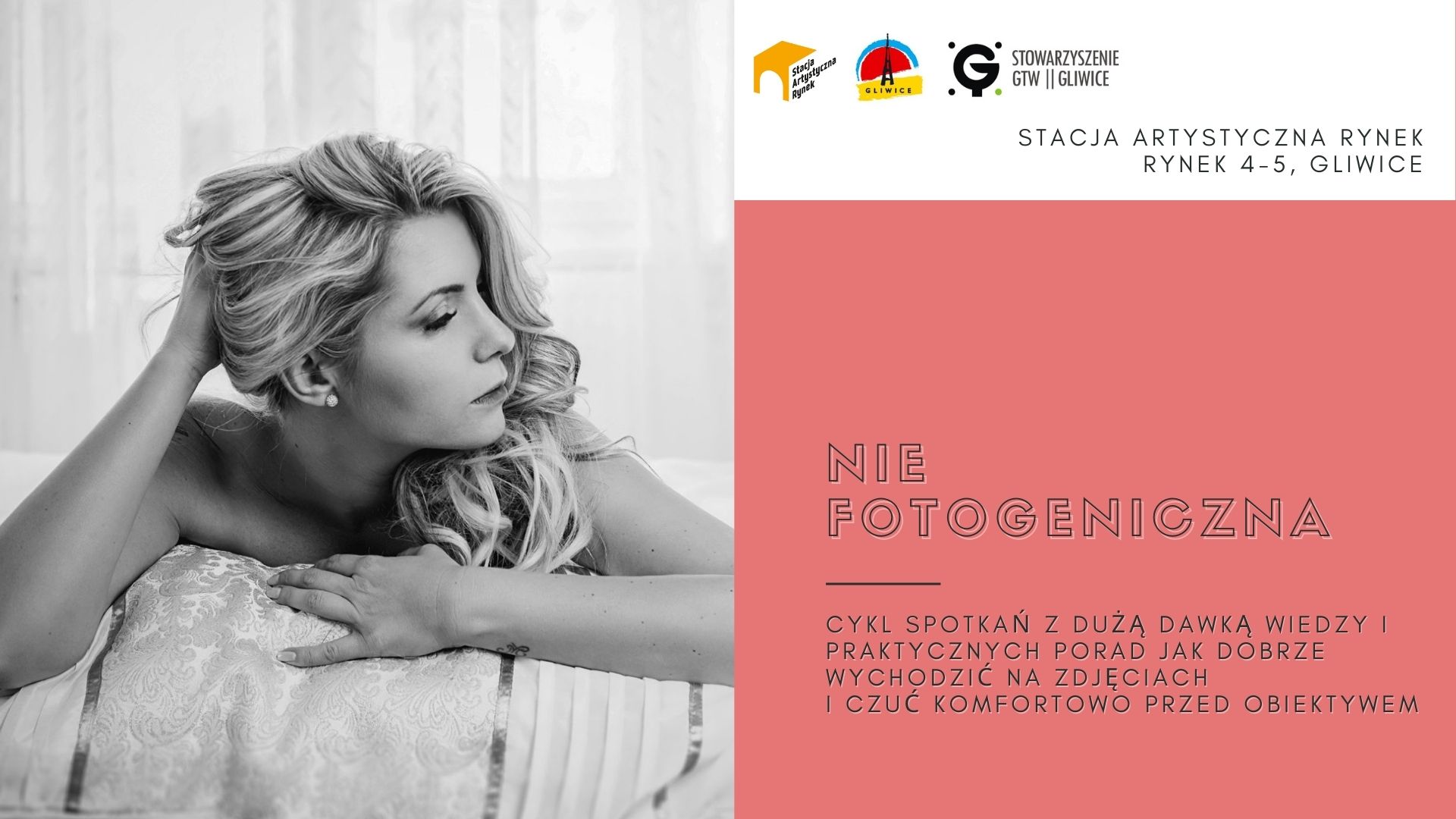Z lewej strony: portret kobiety. Z prawej strony napis: Stacja Artystyczna Rynek, Niefotogeniczna