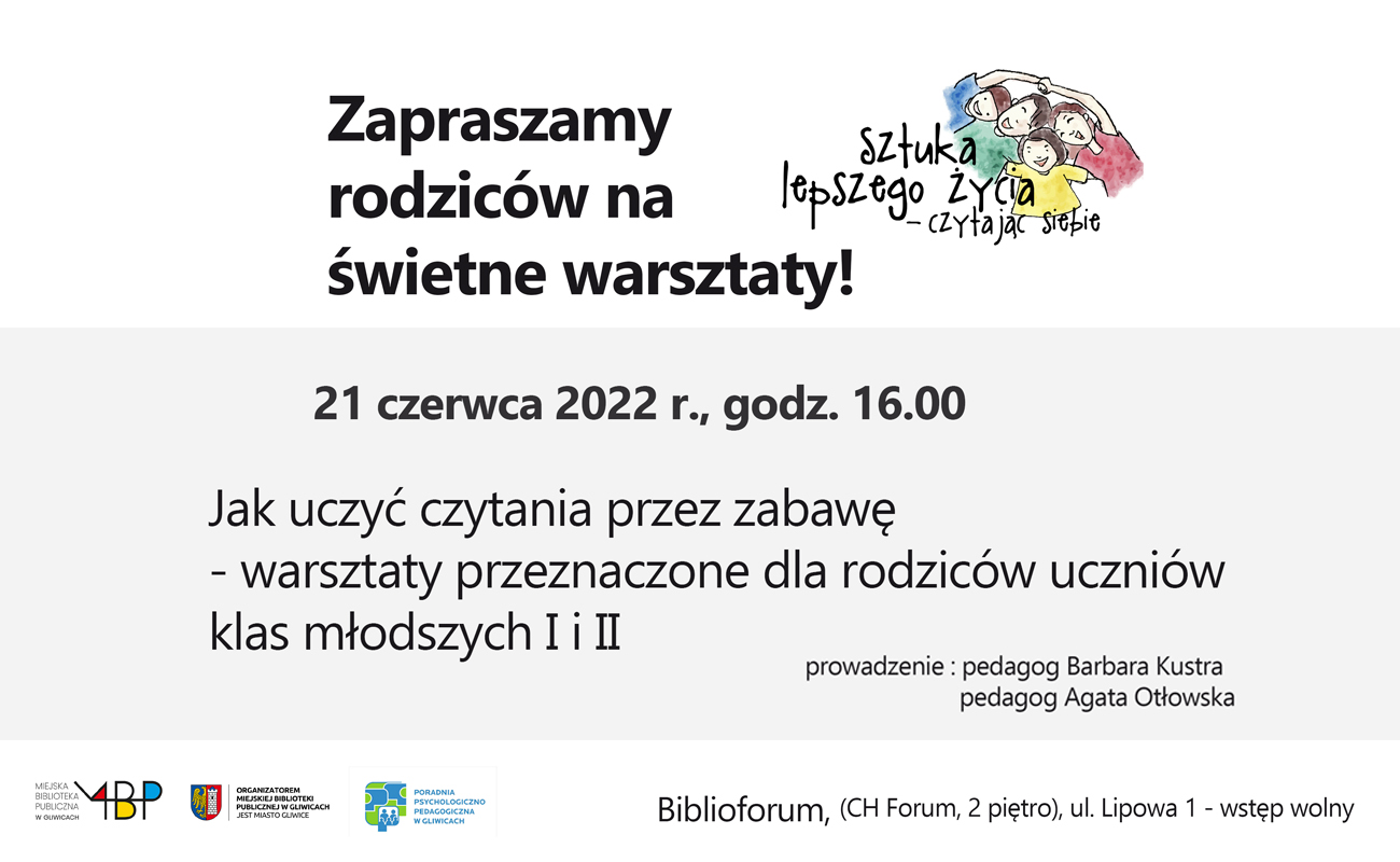 Prosta grafika z czarnym napisem na środku "Zapraszamy rodziców na świetne warsztaty".