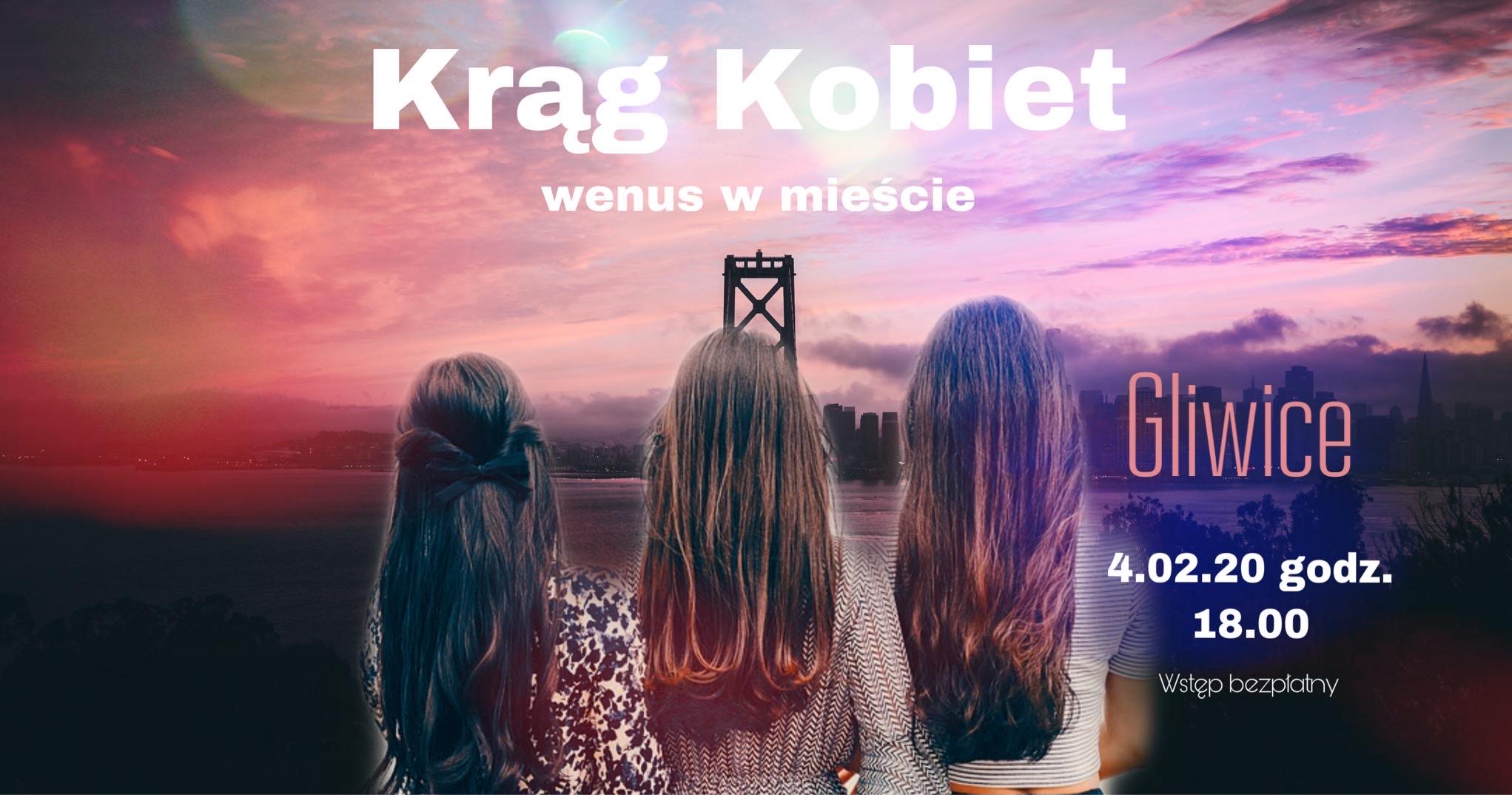 Na fotografii znajdują się 3 kobiety zwrócone plecami, wokół niebo w różowej kolorystyce