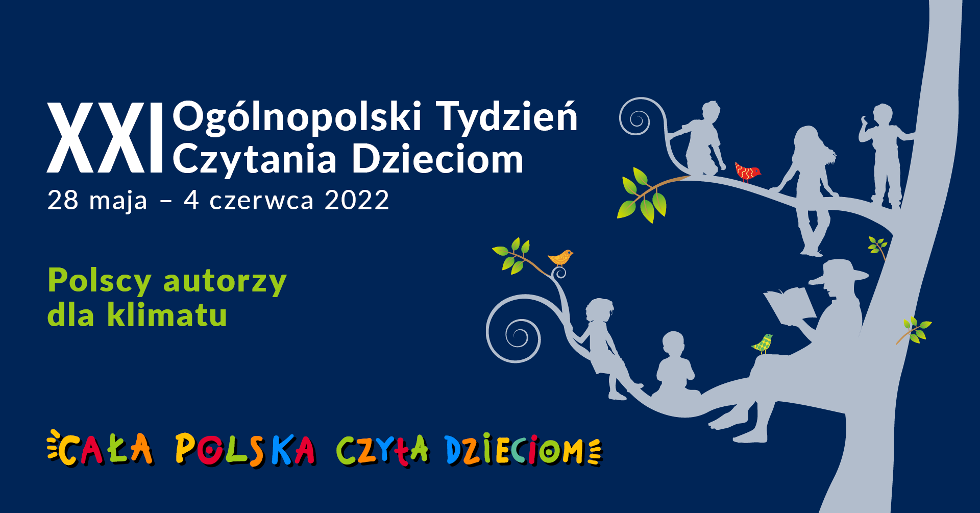 Granatowa grafika z napisem "XXI Ogólnopolski Tydzień Czytania Dzieciom"