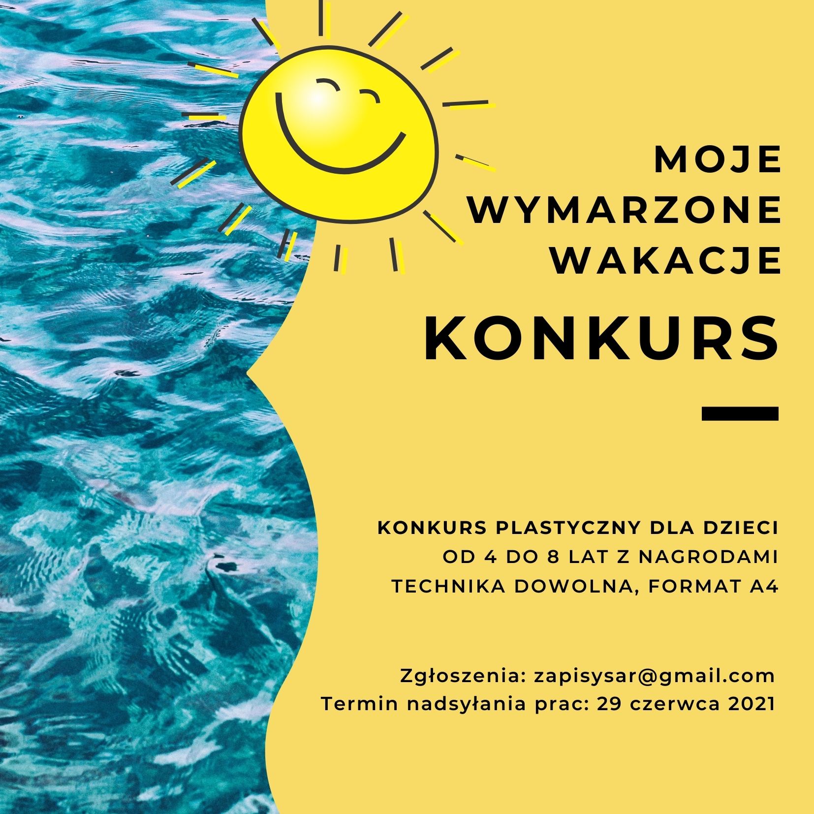 grafika informująca o konkursie plastycznym w tonacji żółto-niebieskiej