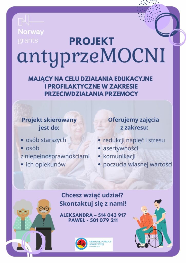 Plakat projektu AntyprzeMOCNI, na ilustracjach pary osób starszych oraz mężczyzna na wózku inwalidzkim z opiekunem.