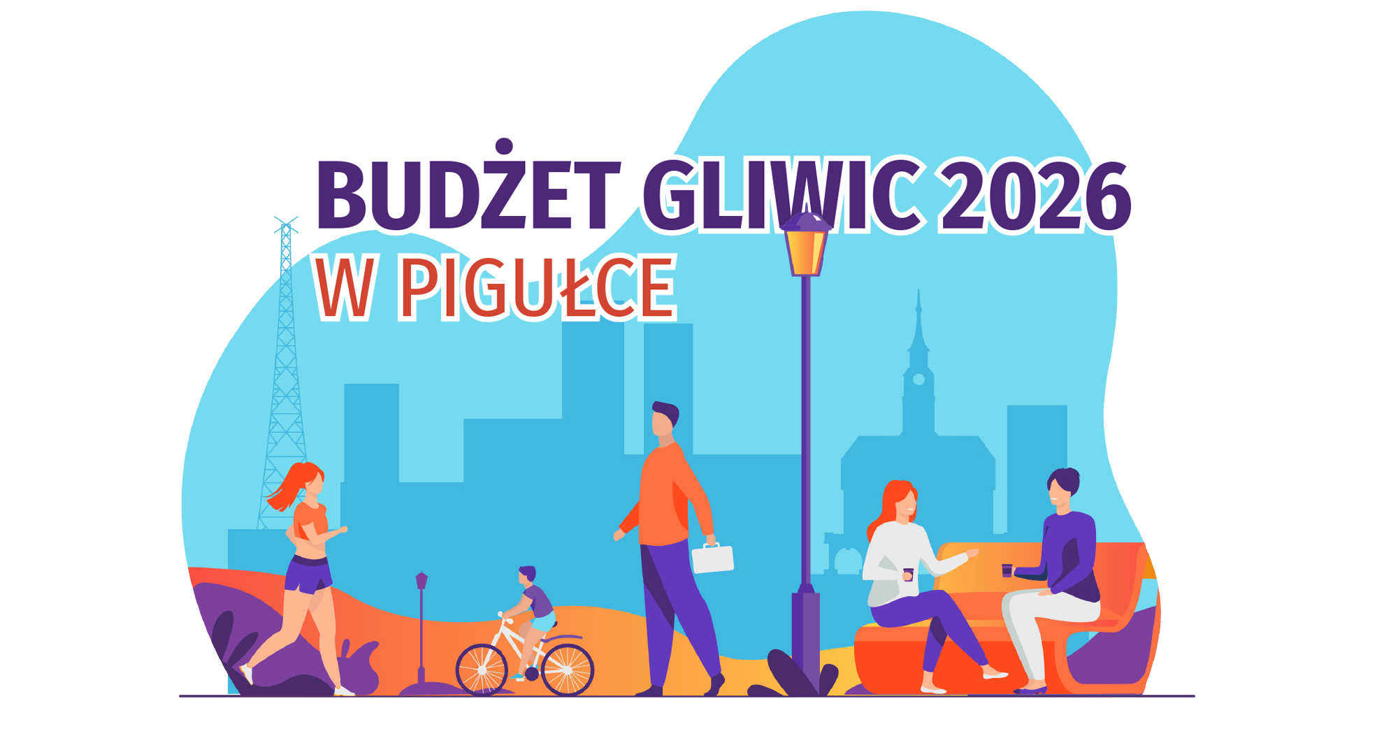 Budżet Gliwic 2026 w pigułce, kolorowe rysunkowe postacie na ulicy
