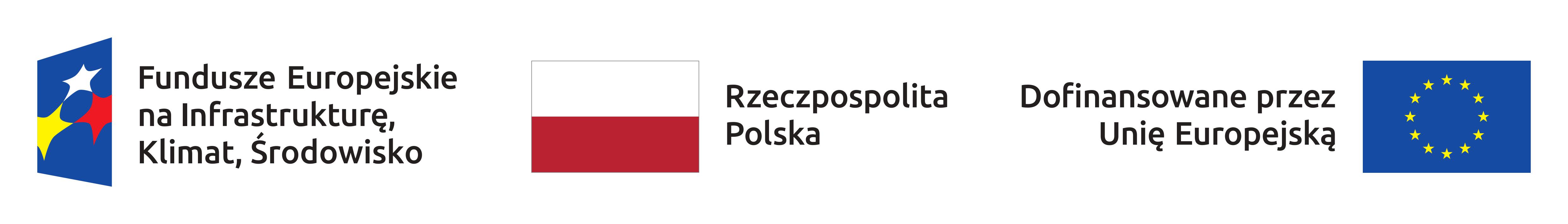 Znaki z napisami: Fundusze Europejskie na Infrastrukturę, Klimat i Środowisko, Rzeczpospolita Polska, Dofinansowane przez Unię Europejską