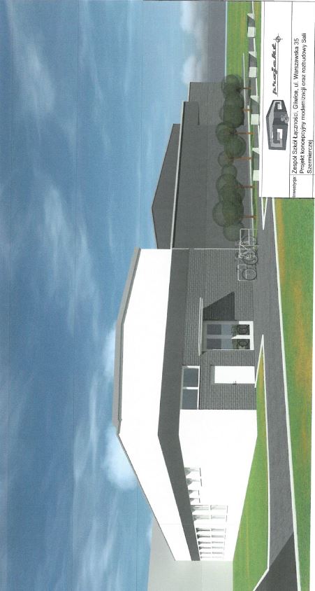 schematyczna wizualizacja budynku wraz z drzewami