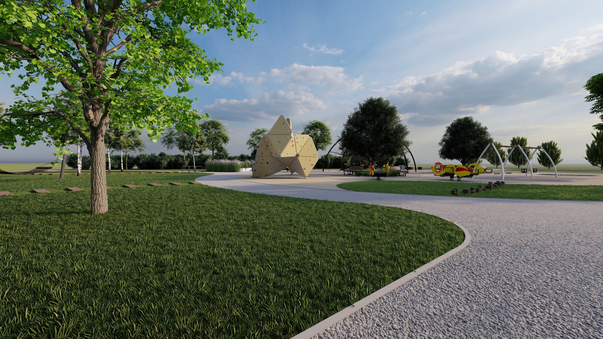 wizualizacja z trawnikami i małą architekturą