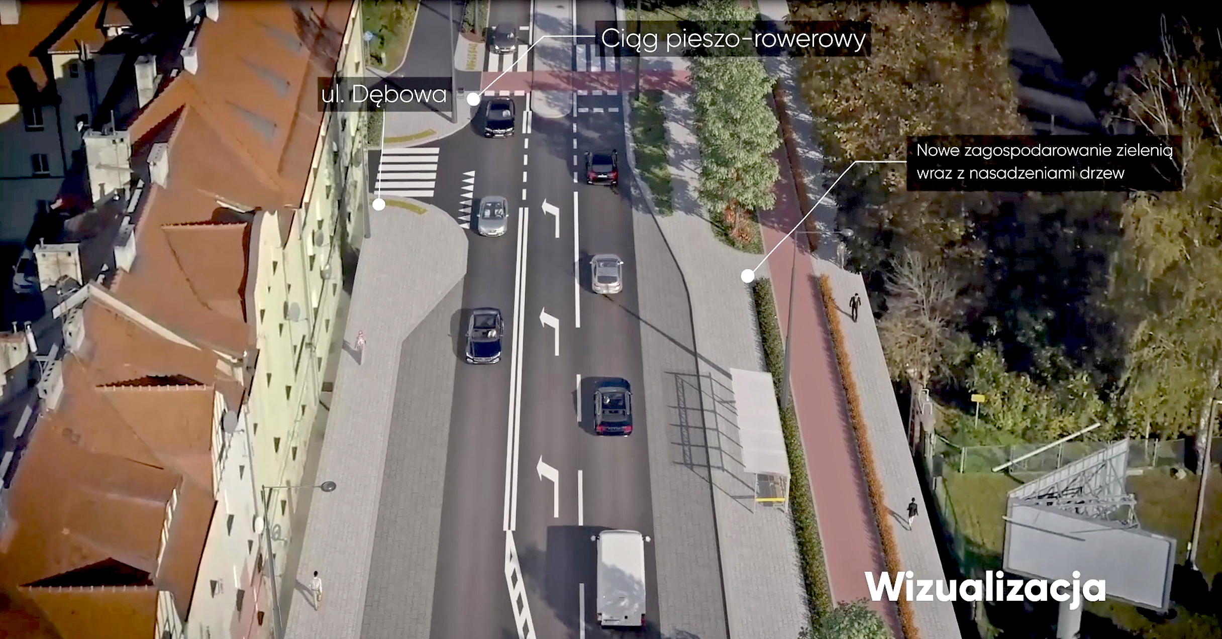 widok na ulicę Chorzowską z lotu ptaka z proponowanymi zmianami w szerokości jezdni i ścieżkami rowerowymi
