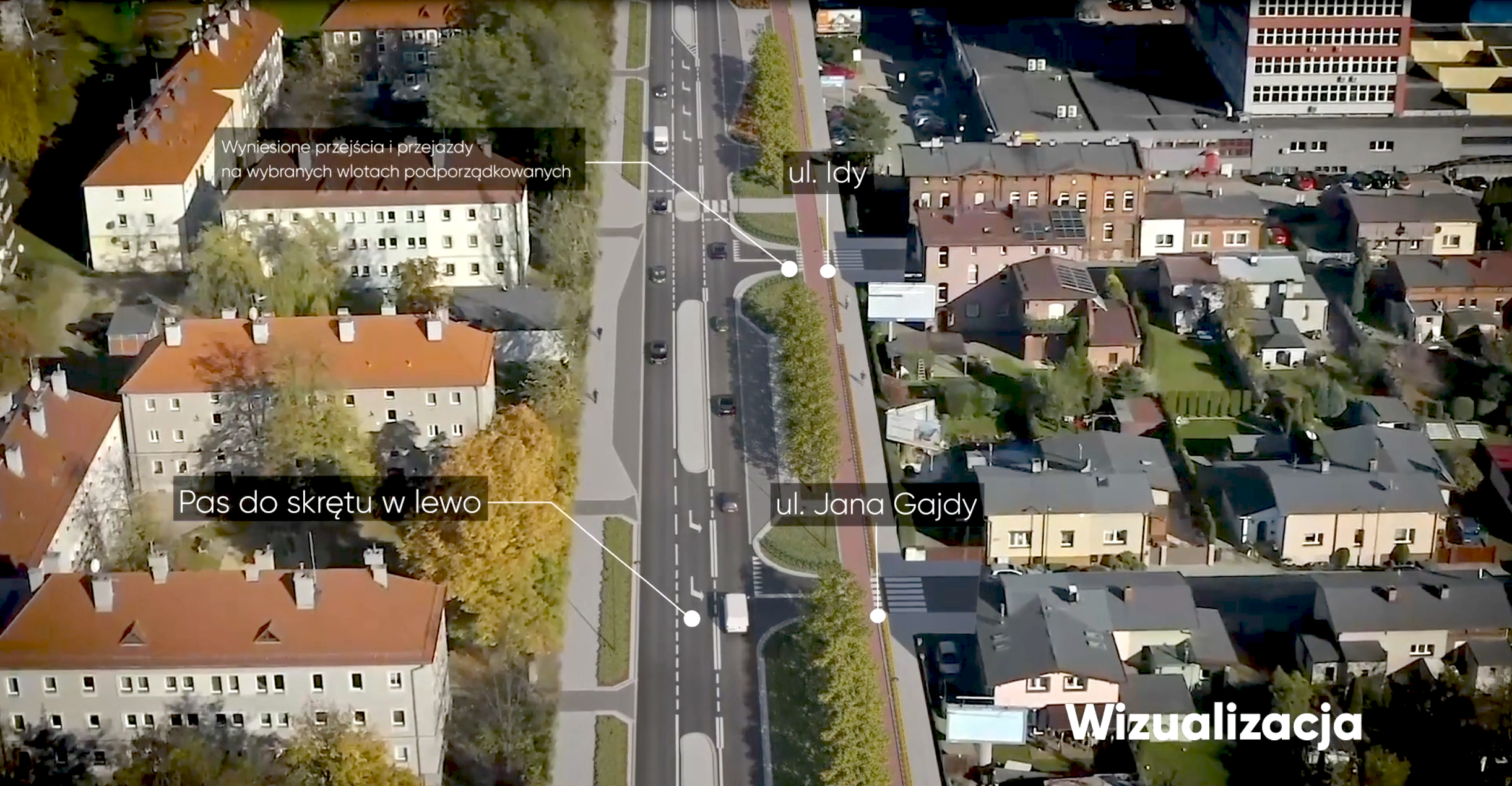 widok na ulicę Chorzowską z lotu ptaka z proponowanymi zmianami w szerokości jezdni i ścieżkami rowerowymi