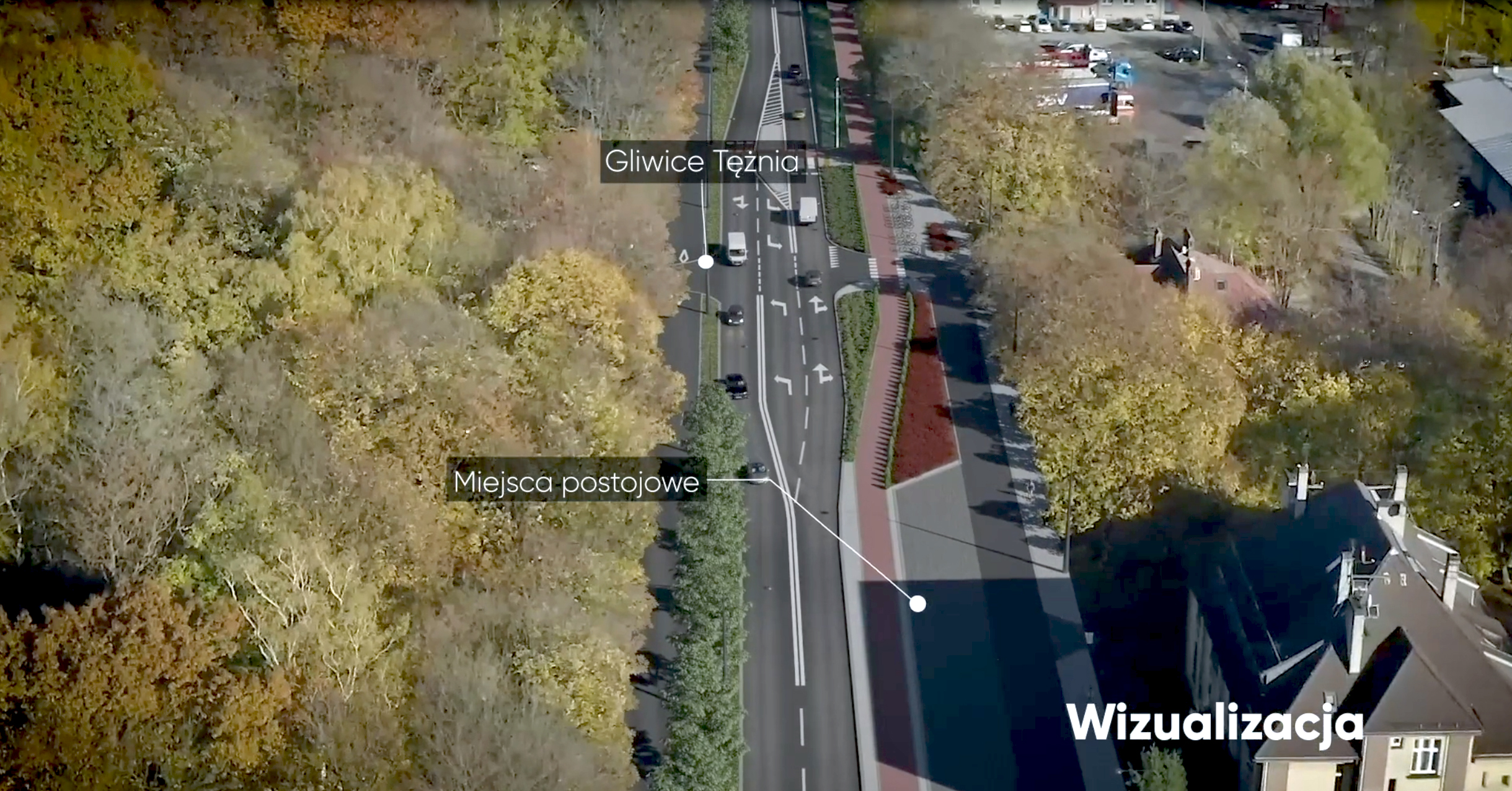 widok na ulicę Chorzowską z lotu ptaka z proponowanymi zmianami w szerokości jezdni i ścieżkami rowerowymi