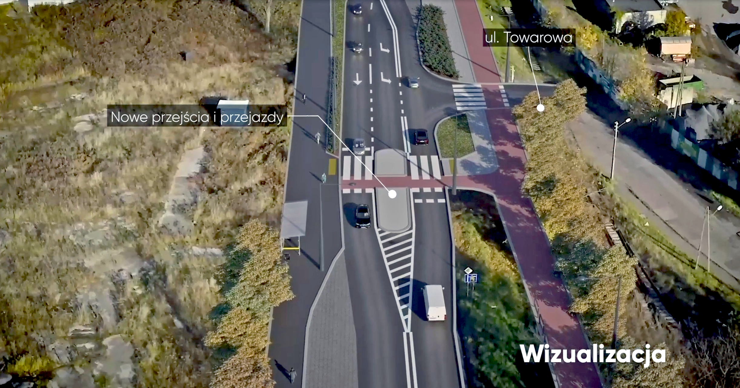 widok na ulicę Chorzowską z lotu ptaka z proponowanymi zmianami w szerokości jezdni i ścieżkami rowerowymi