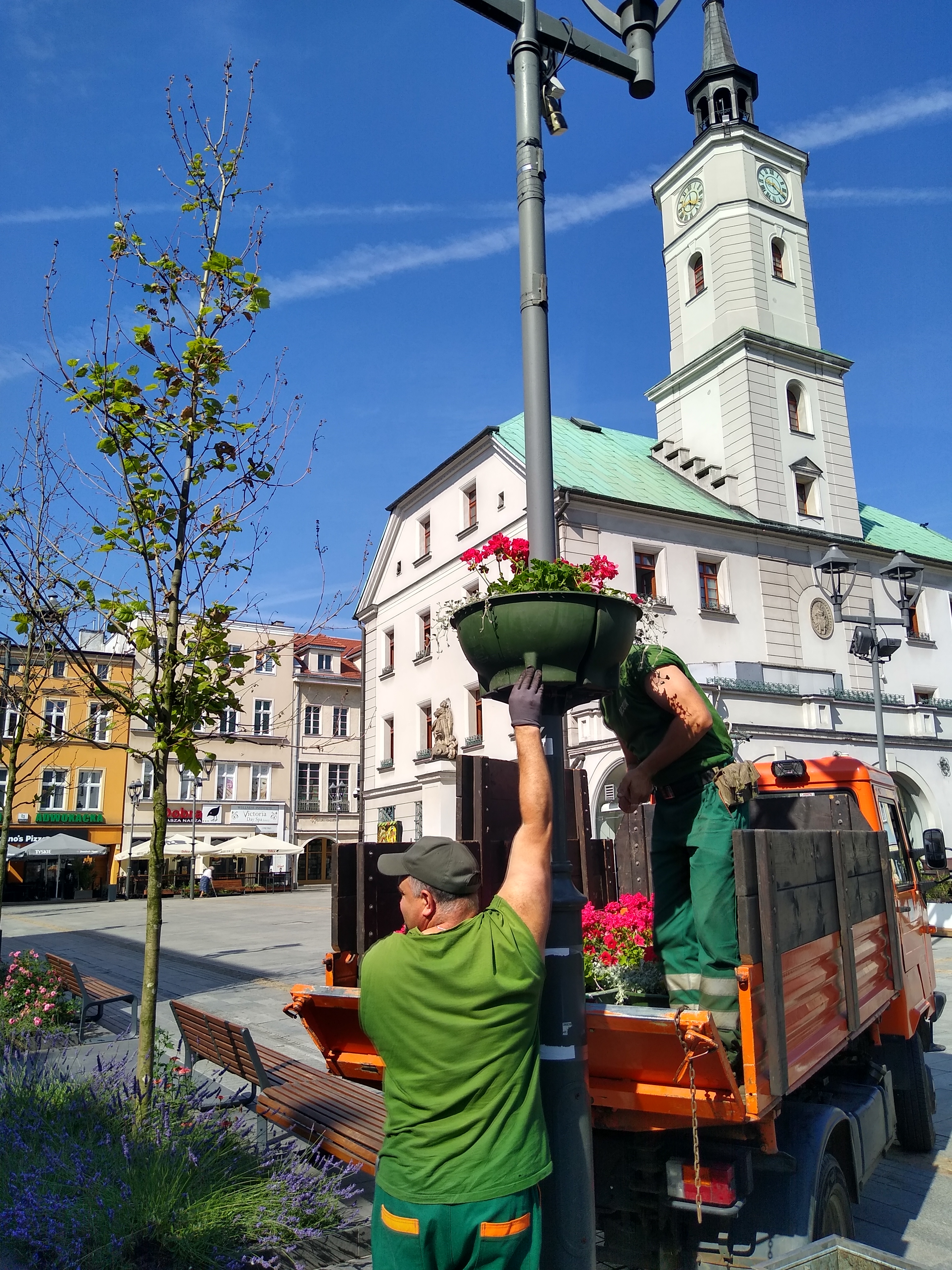 Fot. M.Foltyn/UM Gliwice panowie z MZUK montują donice z pelargoniami