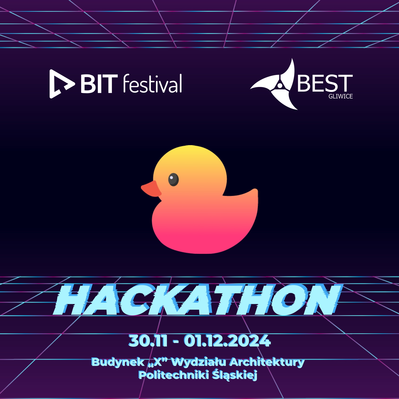 Grafika z kaczką i napisem Hackathon