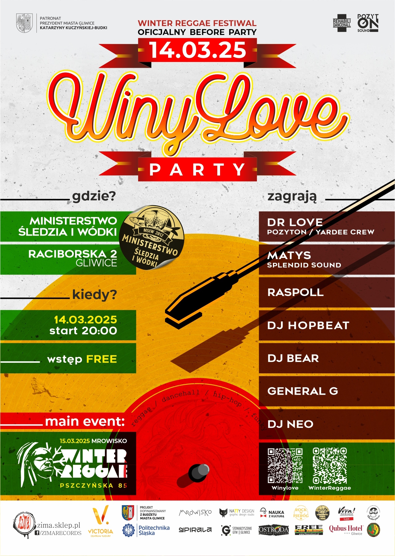 Plakat z grafiką płyty winylowej i informacjami o imprezie "WinyLove Party"