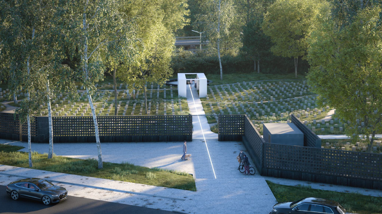 wizualizacja miejsca pochówku dla zwierząt - widok na bramę wejściową, alejkę i drzewa