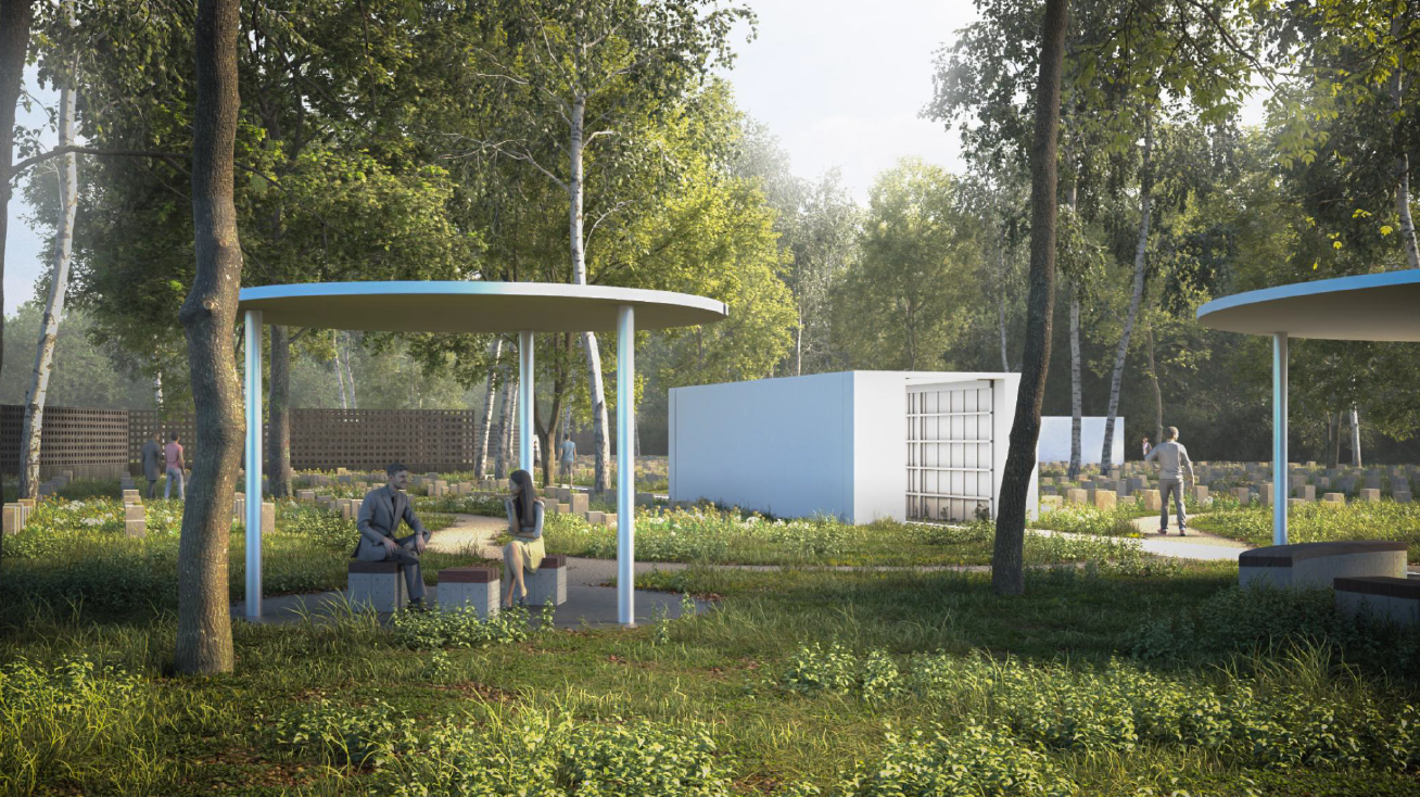 wizualizacja miejsca pochówku dla zwierząt - widok na łąkę kwietną, kolumbarium, ławeczki i drzewa