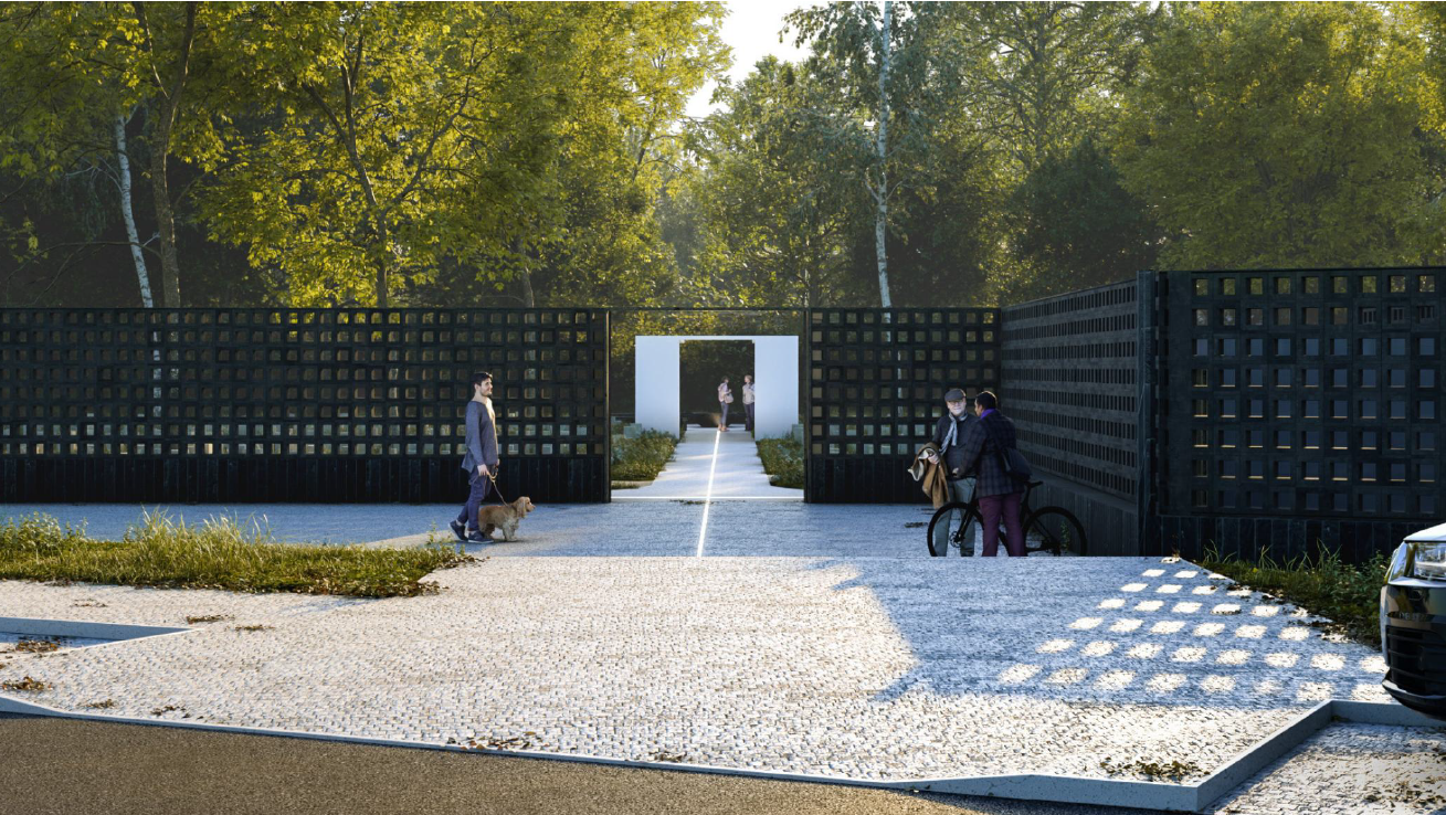 wizualizacja miejsca pochówku dla zwierząt - widok na miejsca parkingowe i bramę wejściową