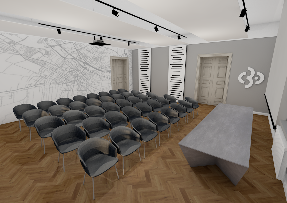 Sala kameralna w przyszłej siedzibie Centrum 3.0 – Gliwickiego Ośrodka Działań Społecznych. Wiz. Biuro Usług Architektonicznych PROFIL