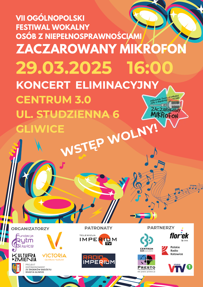 Plakat z kolorowymi instrumentami muzycznymi, nutami, reflektorami i mikrofonem. Treść: VII Ogólnopolski Festiwal Wokalny Osób z Niepełnosprawnościami Zaczarowany Mikrofon. 29.03.2025 16:00. Koncert eliminacyjny. Centrum 3.0 ul. Studzienna 6 Gliwice. Wstęp wolny