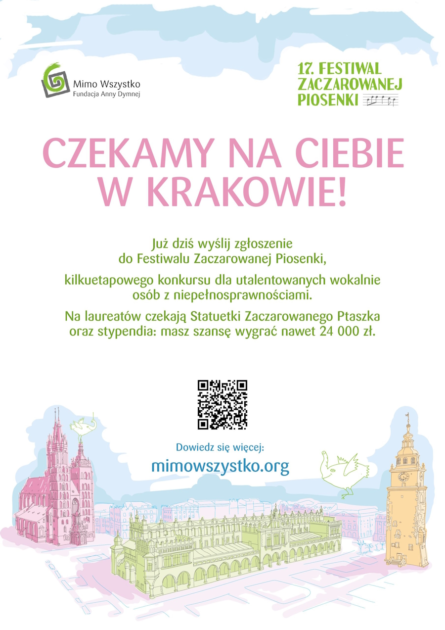 Plakat Czekamy na ciebie w Krakowie. Rysunek przedstawiający krakowski Rynek