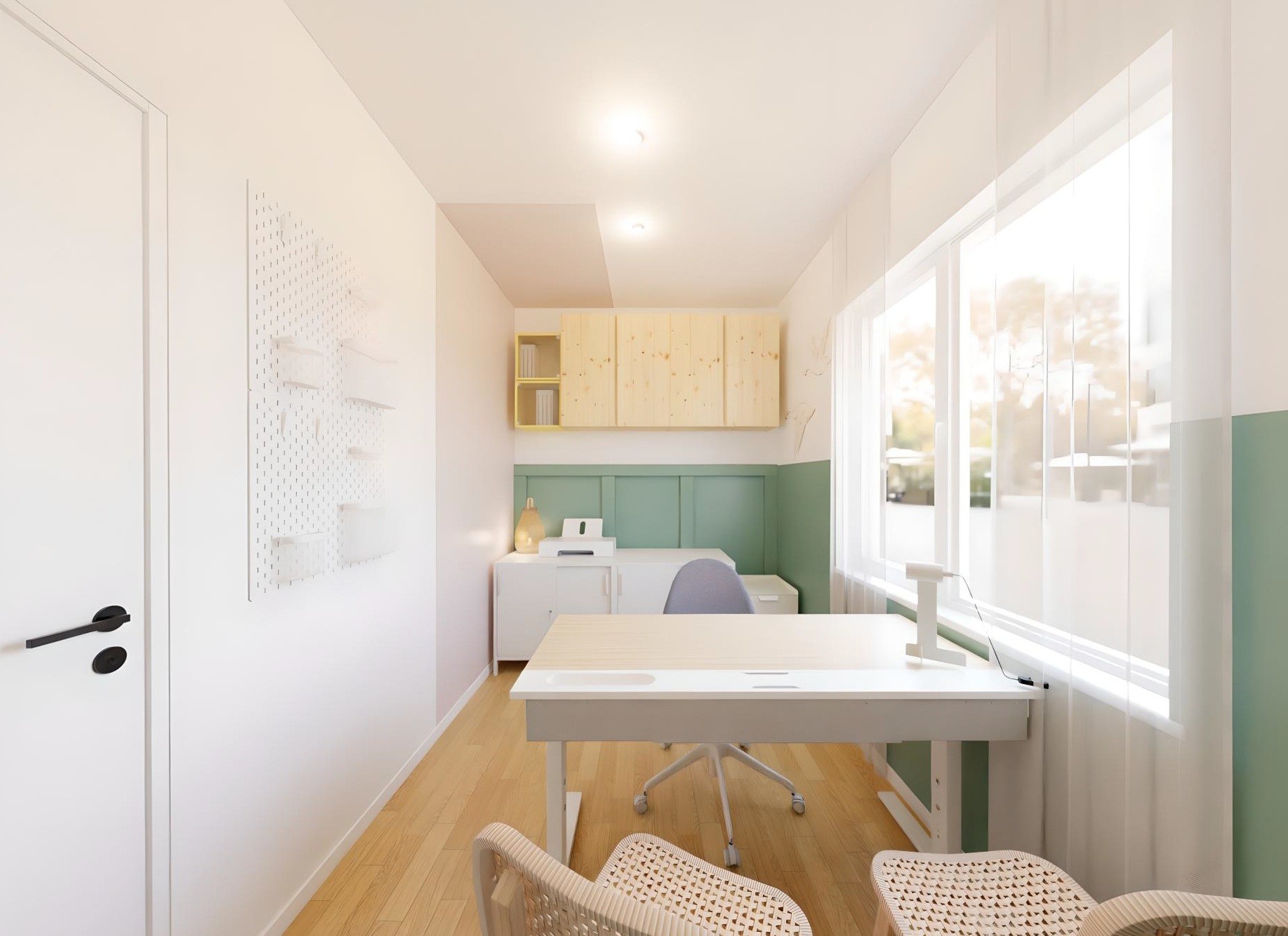 Wizualizacja wnętrza placówki utrzymana w pastelowych barwach