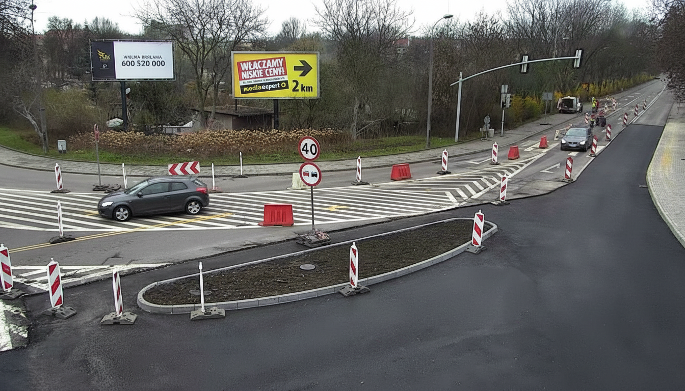 widok na przebudowywane skrzyżowanie ulic Wyspiańskiego i Orlickiego