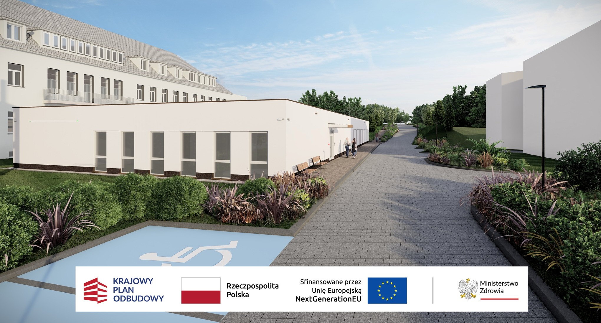 projekt białego modułowego parterowego budynku do badań, dostosowanego do potrzeb osób z niepełnosprawnościami