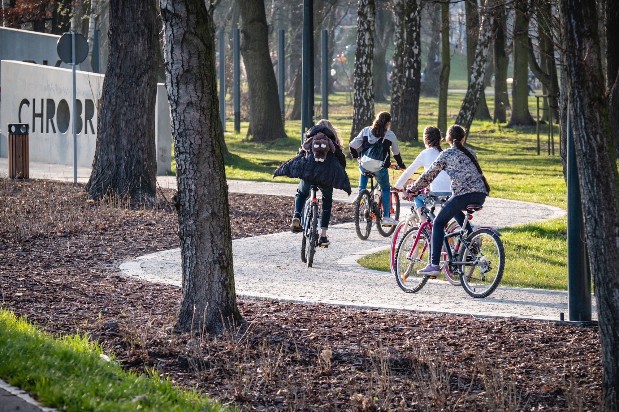 młodzi rowerzyści jadą krętą ścieżką rowerową w Parku Chrobrego 