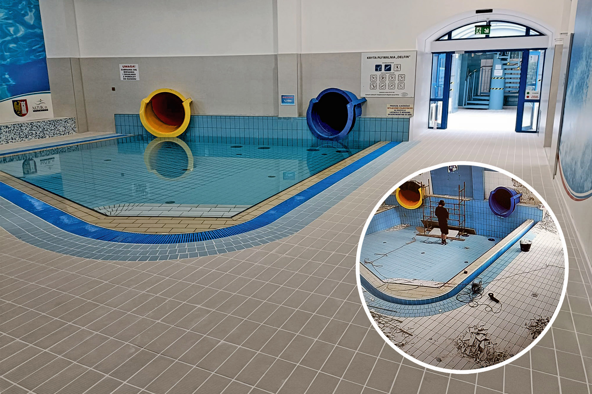 Wnętrze pływalni Delfin przed i po remoncie
