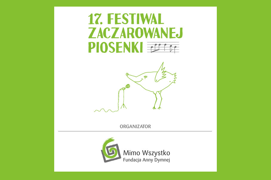 Plakat w biało-zielonym kolorze. Rysunkowy ptaszek przed mikrofonem. Napis 17. Festiwal Zaczarowanej Piosenki.