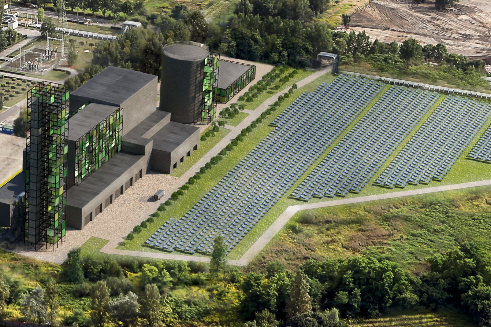 panele solarne, budynek, zieleń