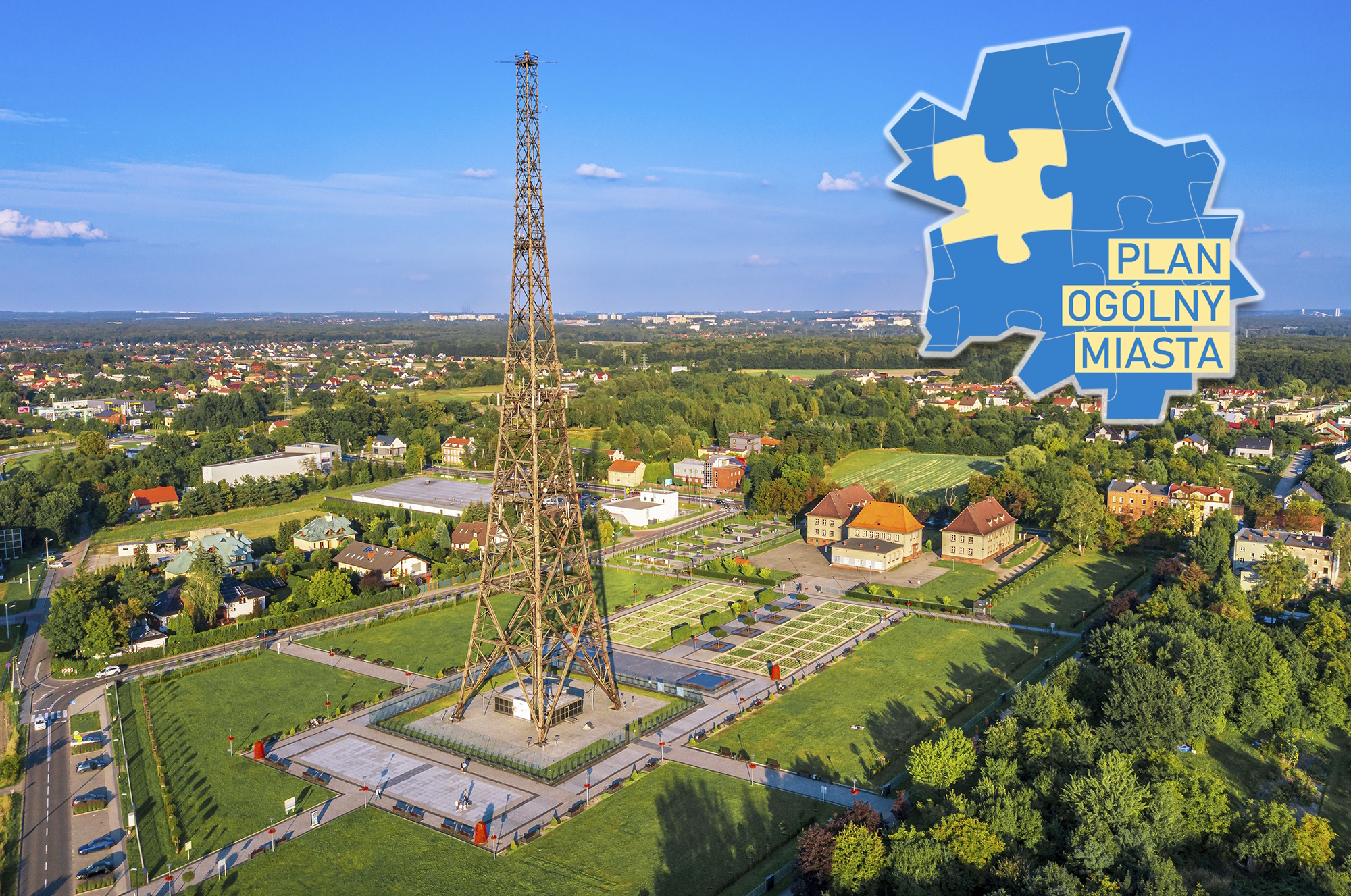 wieża, zieleń, drzewa, domy