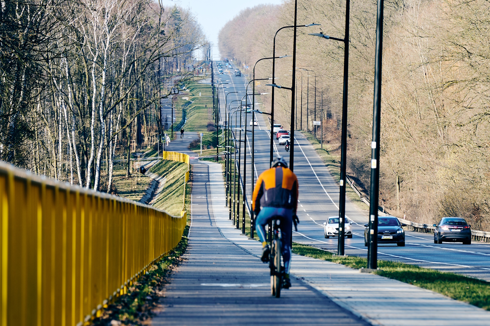 rowerzysta na ścieżce rowerowej, jadący w kierunku Czechowic