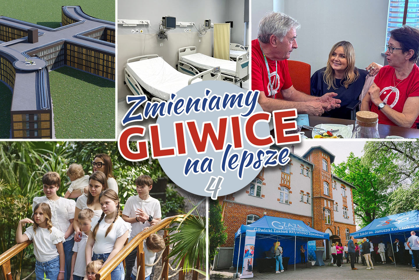 Zdjęcia projektu szpitala, łóżek szpitalnych, prezydentki z dwoma seniorami, rodziny zastępczej w palmiarni, budynku przeznaczonego na aparthotel