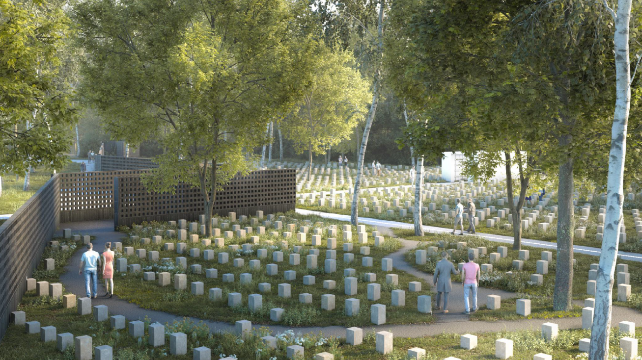 wizualizacja miejsca pochówku dla zwierząt - łąka kwietna z licznymi prostopadłościennymi tablicami i brzozami dookoła, sylwetki ludzi w tle