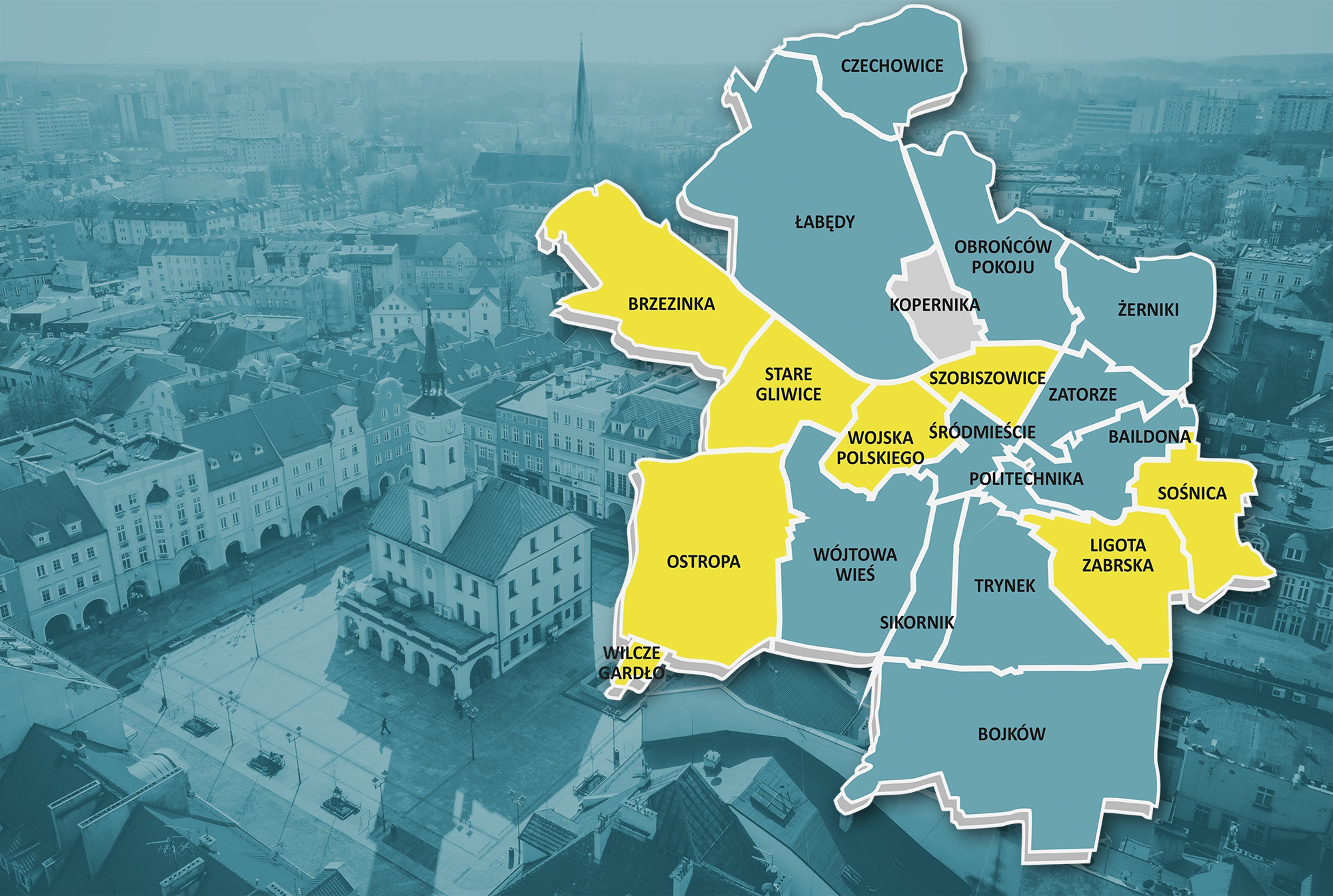 Mapa Gliwic z podziałem na dzielnice, w tle zdjęcie rynku z góry