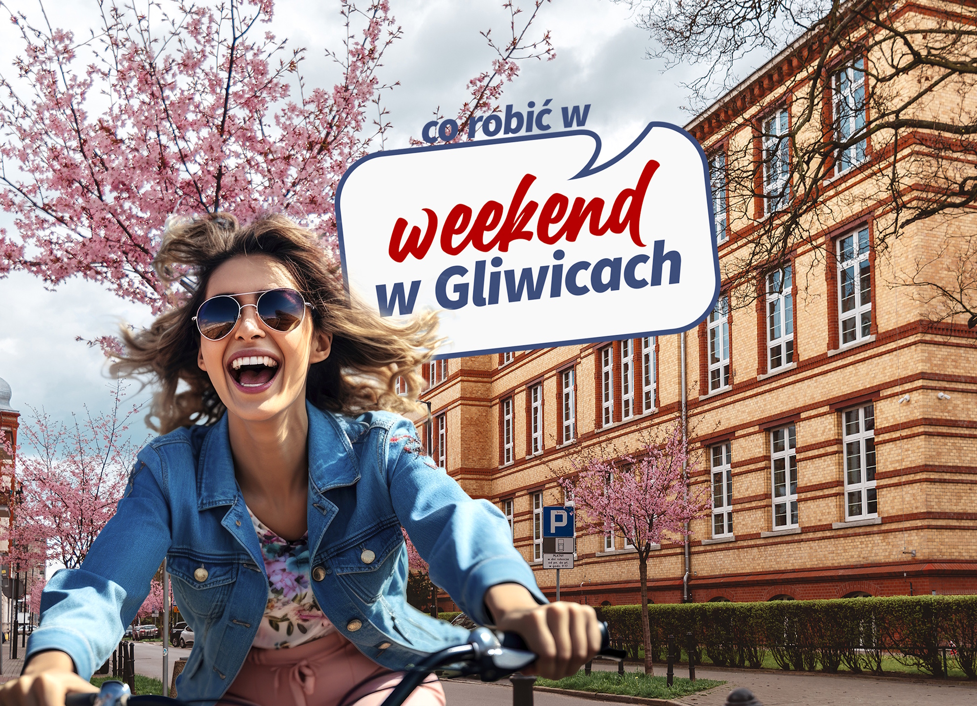 Dziewczyna jedzie na rowerze, w tle drzewa i szkoła, nad nią napis: Co robić w weekend w Gliwicach