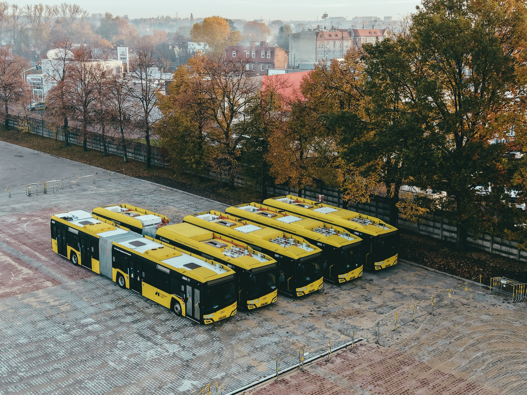 żółte autobusy, ujęcie z góry